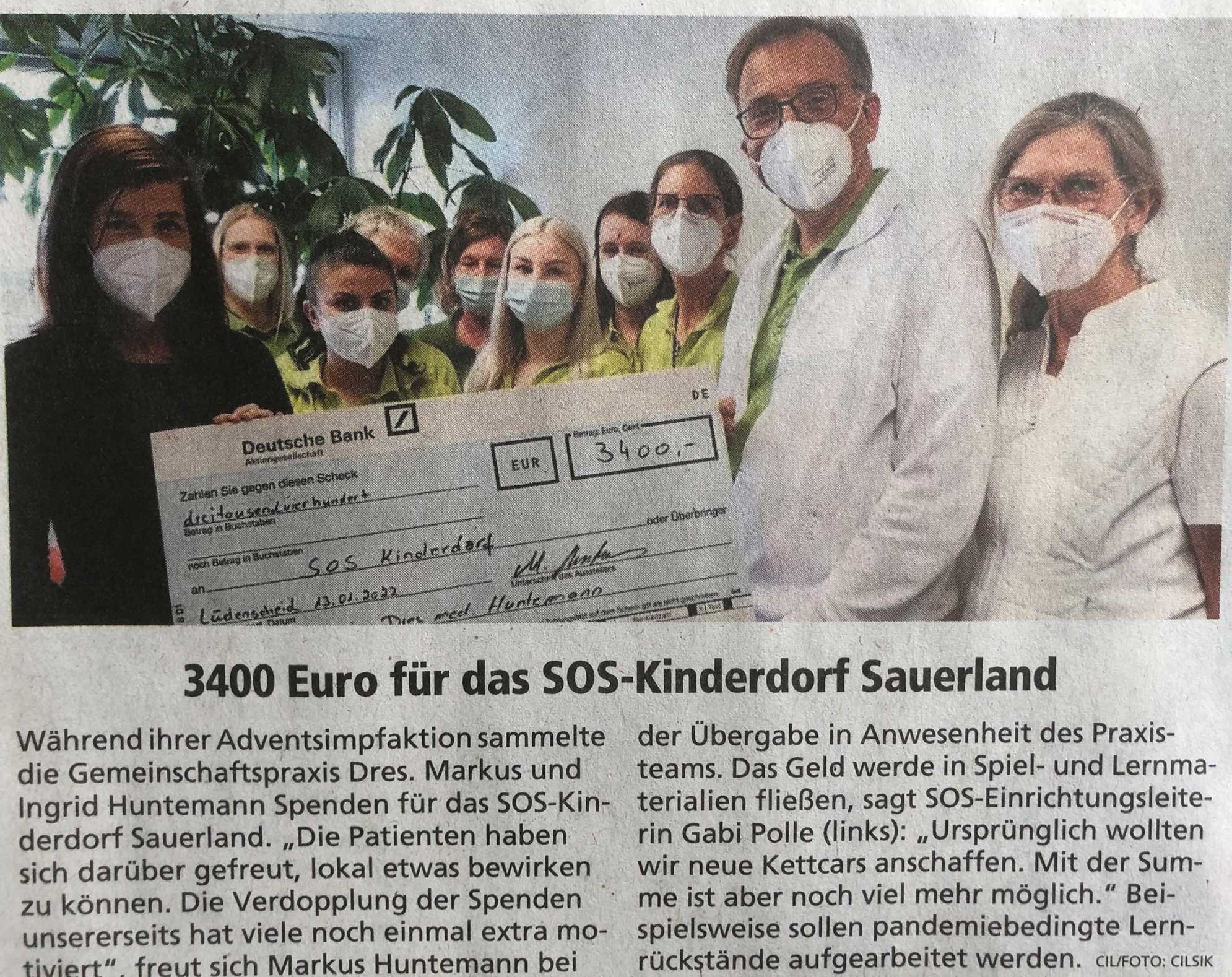 Spende SOS Kinderdorf Sauerland in Lüdenscheid von Praxis Huntemann